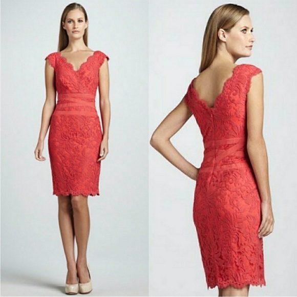 Tadashi Shoji Embroidered Lace Cockatil Sheath Dress in Red Sleeveless Size 6 - Picture 5 of 13